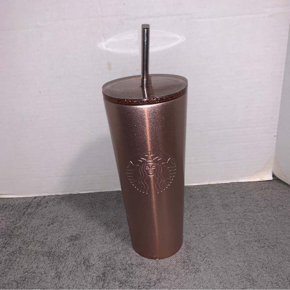 Vtg Starbucks Rose Gold Pink Metallic Stainless Steel 24oz Cup Tumbler w/ Straw